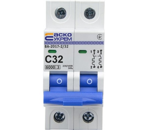 Автоматичний вимикач АСКО 6кА C 2р 32А Автоматичний вимикач АСКО 6кА C 2р 32А
